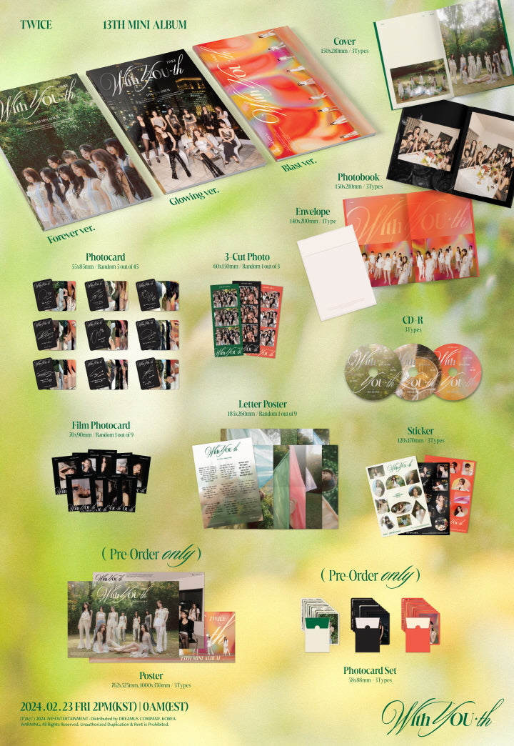 1 CD
1 Photo Book
1 Envelope
5 Photo Cards (random out of 45 types)
1 3-cut Photo (random out of 3 types)
1 Film Photo Car...